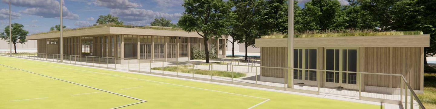 Overzichtsfoto nieuw clubgebouw, berging en deel van het sportveld.