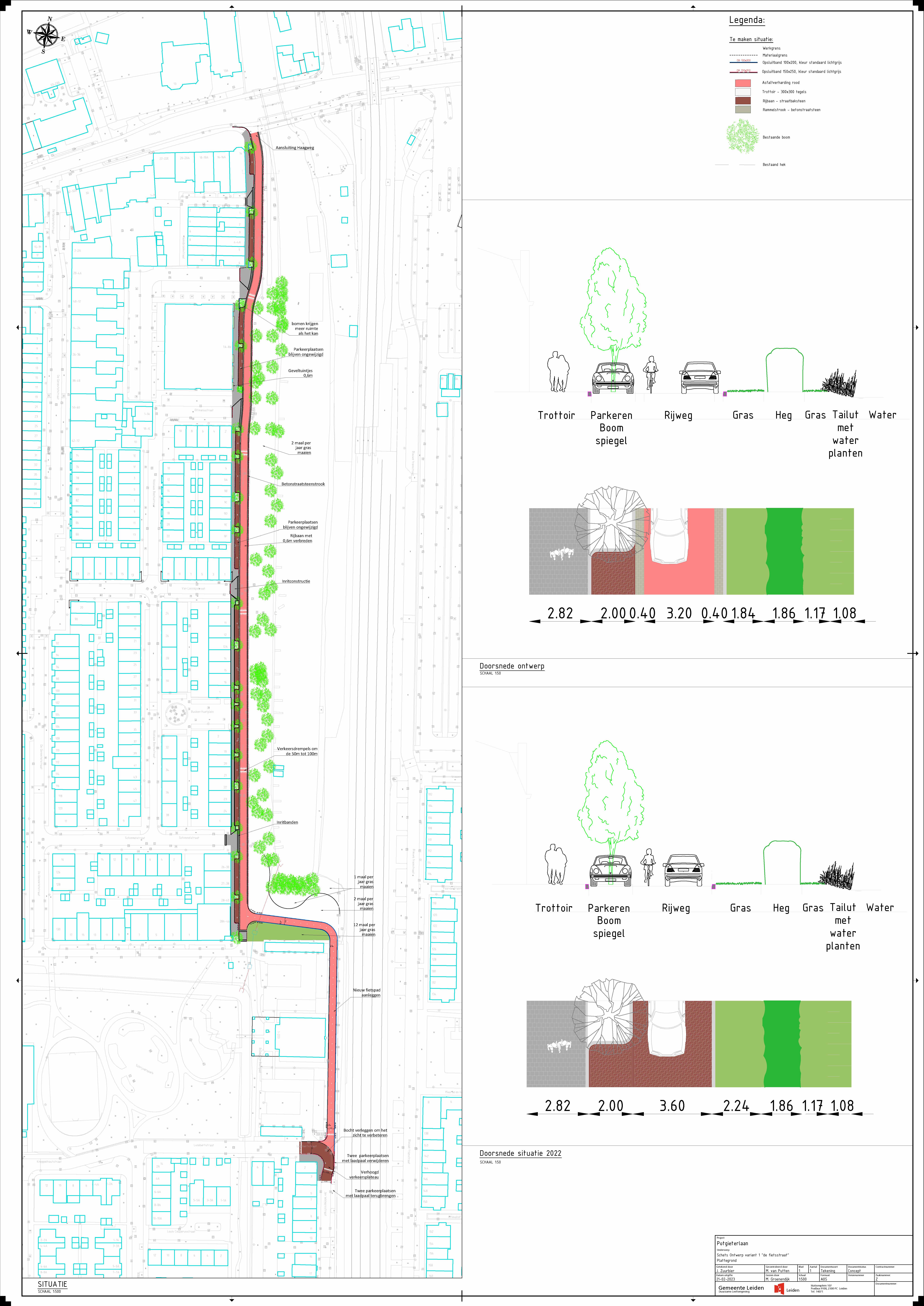 De tekening/het schetsontwerp met op de huidige Potgieterlaan een ingetekende fietsstraat. Het fietspad rondom De Verleyding is ook ingetekend, net als de aansluiting Lucebertstraat-Jan Wolkersstraat.