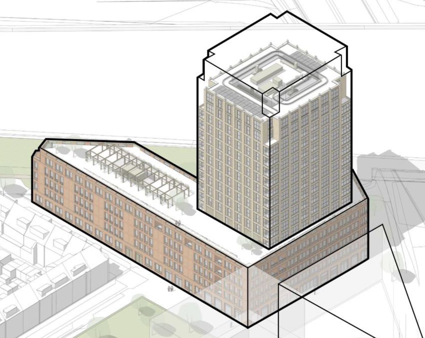 Huidig ontwerp van De Tarentaal. In zwarte lijnen het volume van de toren met drie extra lagen.