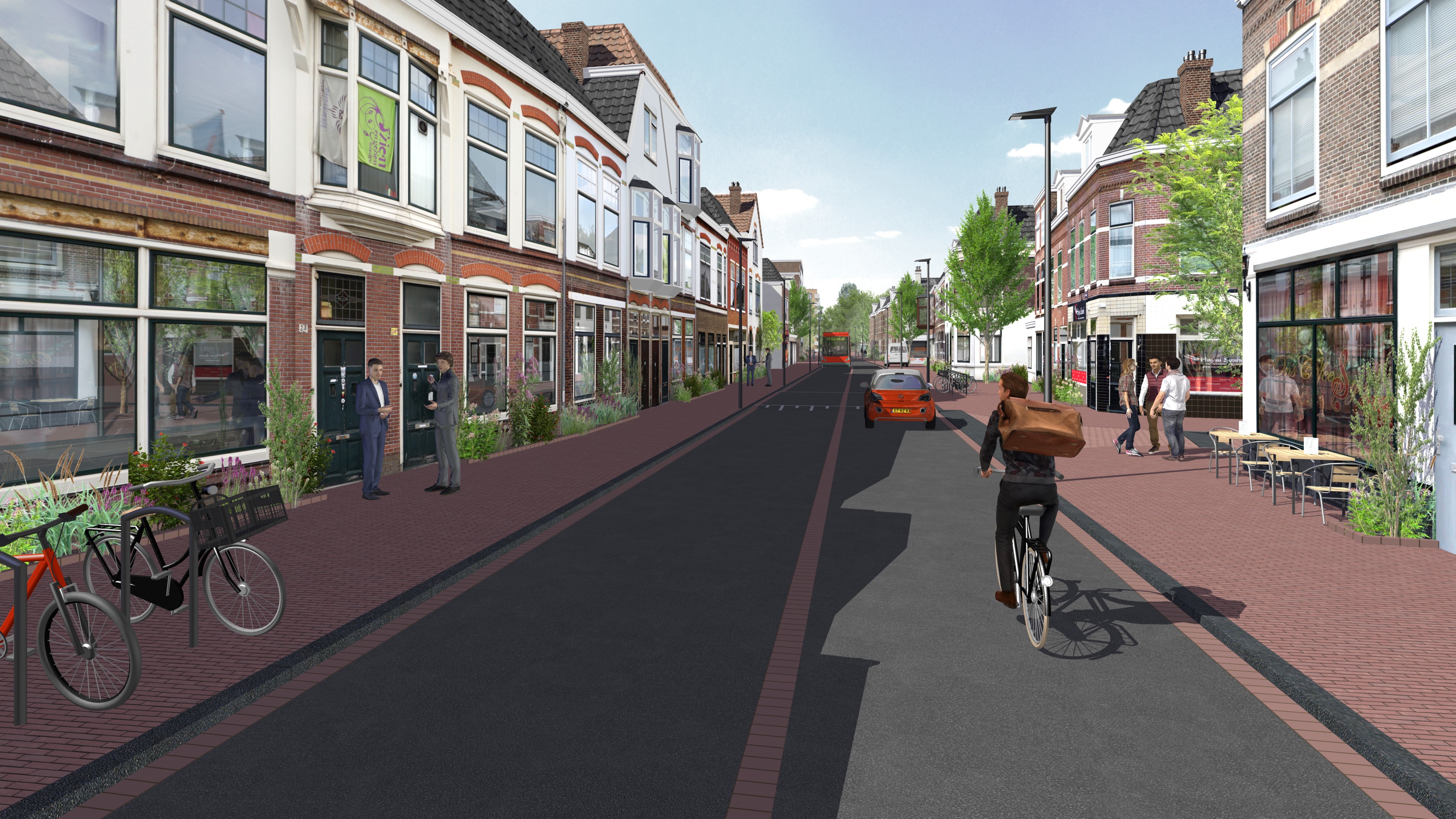 Impressie hoe de Morsweg eruit kan komen te zien met groen voor de gevels en fietsparkeerplekken. Gezien vanaf de kant van de Morssingel.