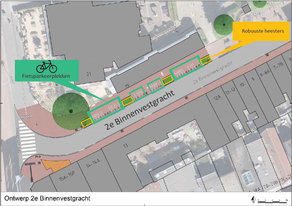 Ontwerpkaart. In totaal zijn er straks 60 fietsparkeerplekken op de 2e Binnenvestgracht.