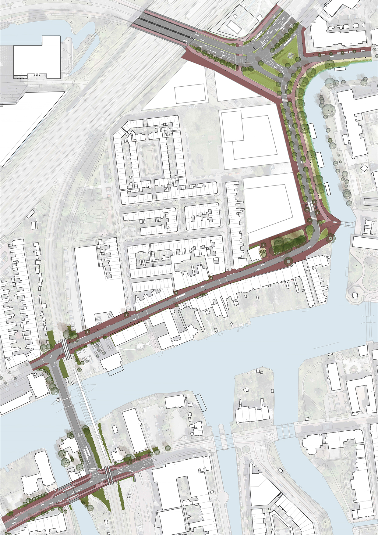 Het schetsontwerp van de route die opnieuw wordt ingericht: Plesmanlaan-Schipholweg, Morssingel, Morsweg, Rijnzichtbrug tot aan de Haagweg.