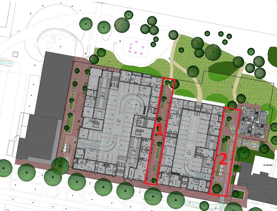 Toekomstige situatie met in het rood straatnaam 1 en 2 aangeduid